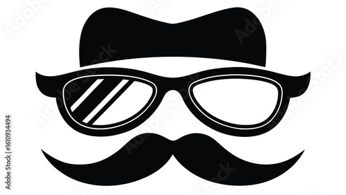 Minimalist black silhouette of an incognito face with a fedora hat, sunglasses, and a large mustache. A simple vector graphic icon representing a secret agent, detective, or gentleman in disguise.