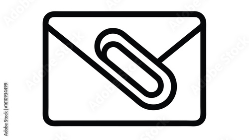 A simple black line icon of a mail envelope with an attached paperclip, representing a file attachment for an email message. This minimalist vector graphic is a symbol for digital correspondence.