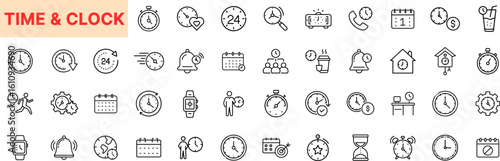 Time and Clock Outline Icon Set Featuring Alarm Clock, Stopwatch, Calendar, Wristwatch, Hourglass, Timer, Wall Clock, Bell, Gear, Cuckoo Clock, and 24-Hour Symbol Elements Icon Design