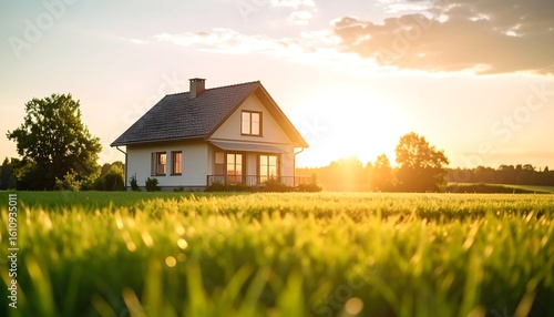 Wallpaper Mural Sunset illuminates a single-story house nestled in a vibrant green field Torontodigital.ca