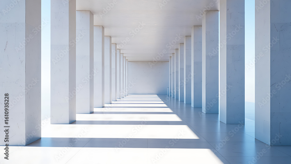 Fototapeta premium White colonnade with sunlit floor and shadows architecture sunlight