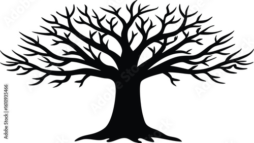 A minimalist black silhouette of a sprawling, leafless winter tree with intricate branches. This graphic icon symbolizes nature, life cycles, and genealogy on a clean white background.