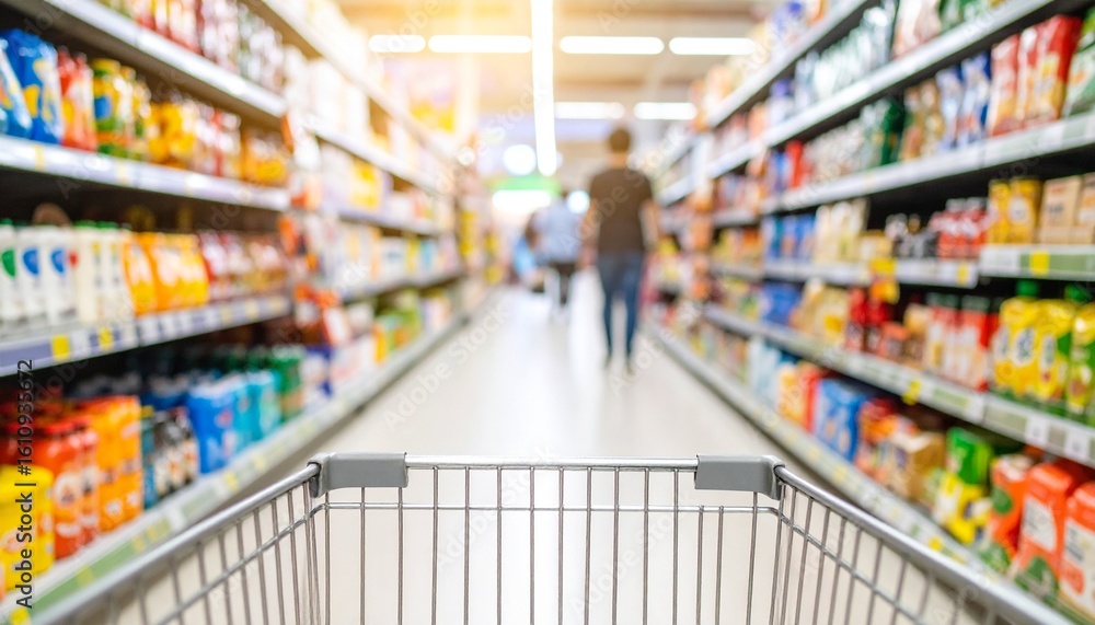 An empty shopping cart in front of a bright supermarket aisle with people shopping An empty shopping cart in front of a bright supermarket aisle with people shopping