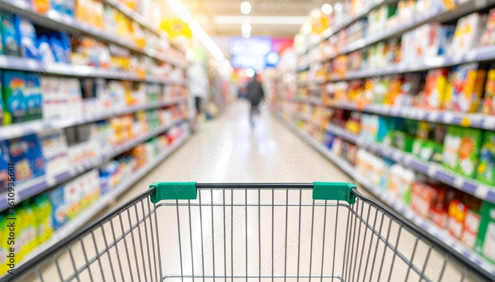 A shopping cart in a supermarket aisle, full of products and goods, creates a sense of consumerism. The blurred background shows a customer strolling down the aisle A shopping cart in a supermarket aisle, full of products and goods, creates a sense of consumerism. The blurred background shows a customer strolling down the aisle