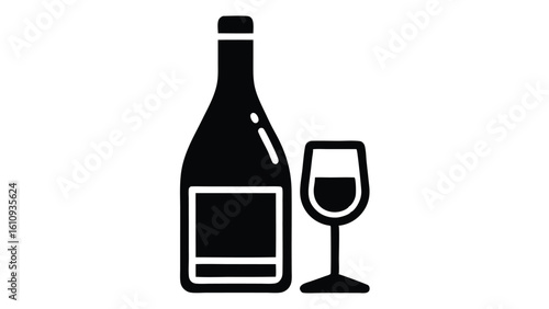 A simple black glyph icon of a wine bottle and a filled wine glass, representing an alcoholic beverage and wineries. This vector graphic is perfect for menus, bar signs, or tasting event promotions.