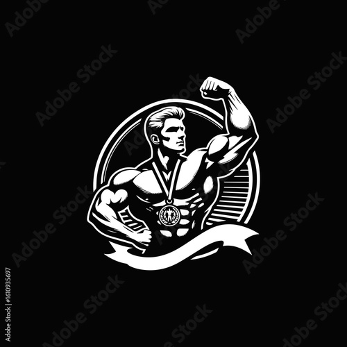 Monochrome Bodybuilder Flexing with Medal and Ribbon Emblem Illustration.