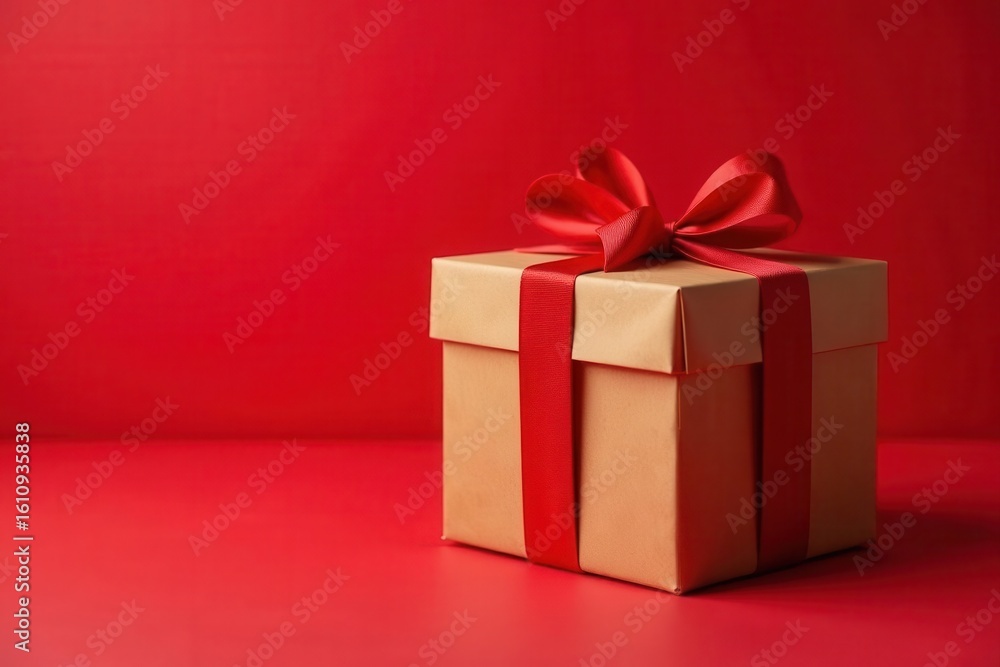 Fototapeta premium Valentine's gift, kraft box, red backdrop, price label , detail, packaging
