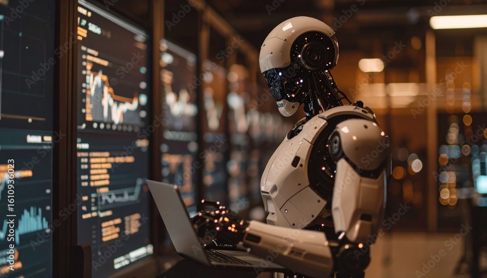 Fototapeta premium A futuristic robot working on a laptop, surrounded by multiple monitors displaying data and code