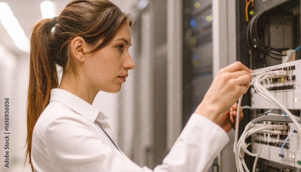 Obraz premium A focused woman working diligently with server cables in a data center, showcasing technological expertise