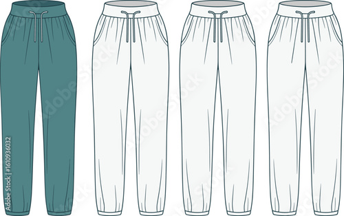 Cad drawing flat vector illustration of jogger sweatpants front and back view, fashion technical sketch, elastic waistband, drawstring, cuffed hem, comfortable athletic style