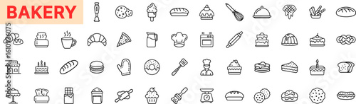 Bakery Outline Icon Set Featuring Bread, Cake, Croissant, Donut, Muffin, Rolling Pin, Whisk, Oven, Chef Hat, Cookie, Macaron, Cupcake, and Pie Elements Icon Design