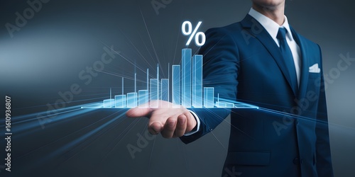Professional shows growth with a percentage chart presented on an open hand for financial success