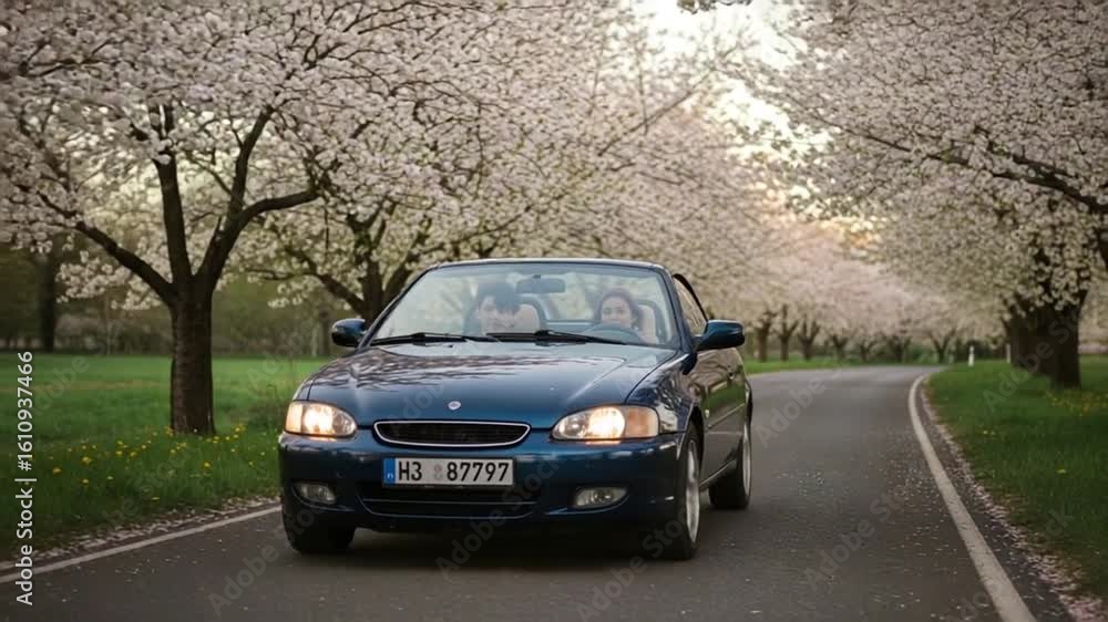 Couples Scenic Drive: Convertible Car Through Cherry Blossom Tunnel. Couples Scenic Drive: Convertible Car Through Cherry Blossom Tunnel.