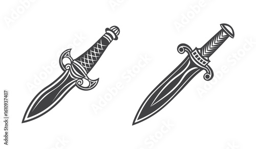 Two ornate medieval daggers with detailed hilts and blades presented as a silhouette isolated on white background