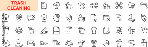 Trash Cleaning Outline Icon Set Featuring Trash Bin, Delete Mark, File Removal, Recycle Symbol, Waste Disposal, Document Rejection, Cleanup Tools, Eraser, and Declutter Elements Icon Design