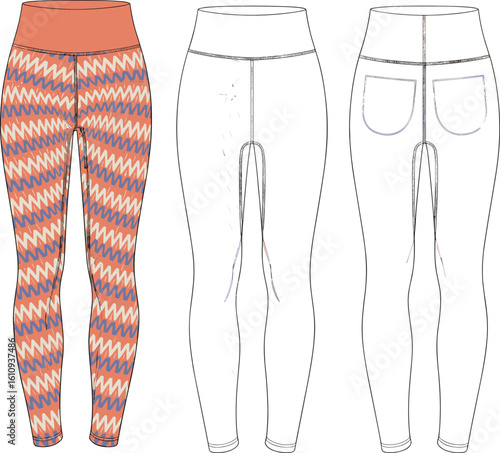 CAD drawing flat vector illustration of leggings design, front and back views, patterned and solid versions, fashion apparel layout, technical sketch, women’s activewear, clothing template