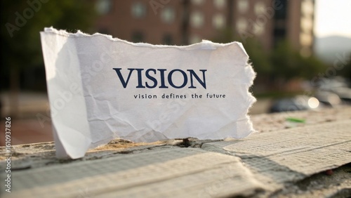 Inspiring Paper Rocket with Vision Quote on Ambition Drives Achievement, Urban Setting, Photograph, Reflective Environment