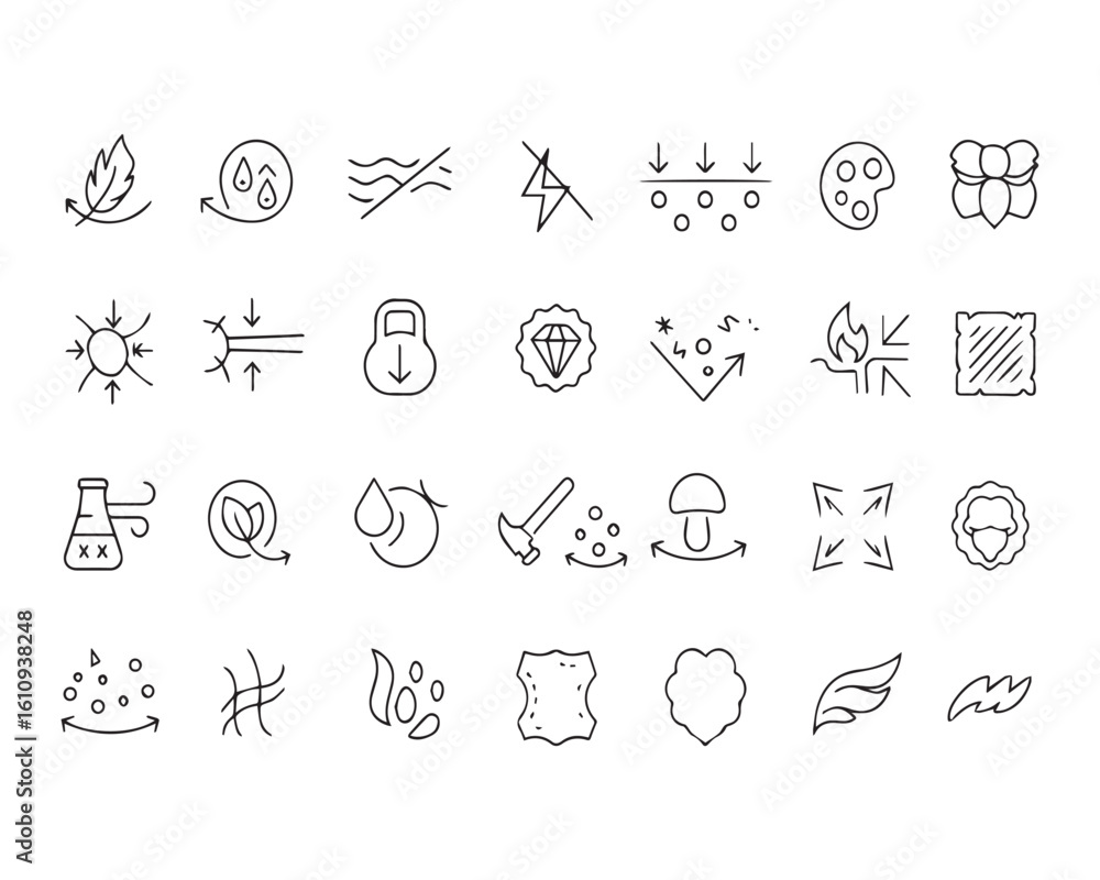 Fototapeta premium Set of outline icons related to fabric features. Linear icon collection