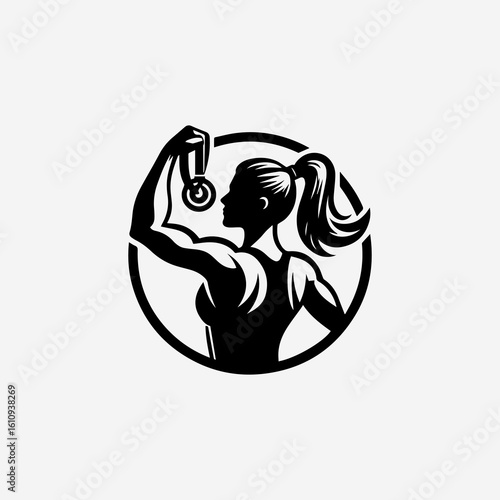 Silhouette of muscular woman holding medal celebrating victory in a circular frame.