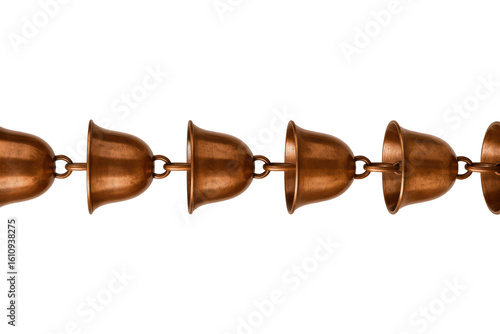 Decorative copper rain chain with linked bell-shaped cups on a transparent background