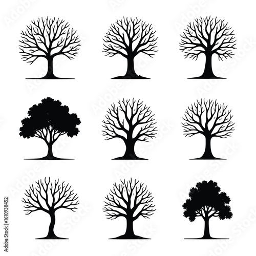 A Collection Of Nine Stylized Tree Silhouettes Contrasts Bare Branches With Full Foliage Designs