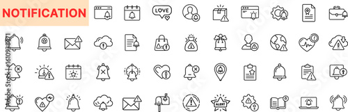 Notification and Alert Outline Icon Set Featuring Bell, Pop-Up, Message, Warning Sign, Calendar Reminder, Envelope, Cloud Alert, Badge, Location Pin, and Sound Elements Icon Design