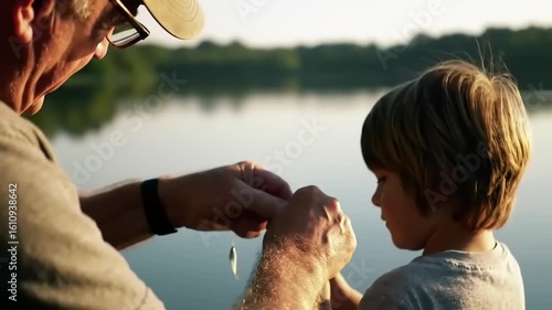A man and a child prepare a fishing lure near a lake