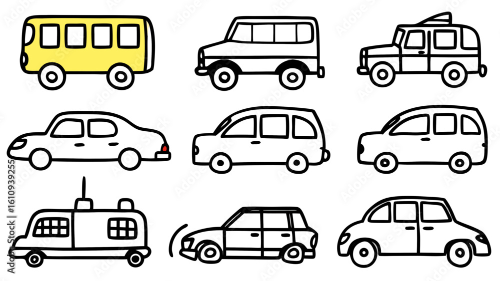 Fototapeta premium Simple Line Art Vehicles: Cartoon Bus, Car, Van, and SUV Illustrations; Childlike, Playful Style.
