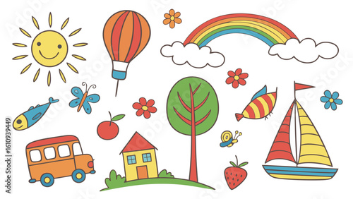 Cheerful Childlike Hand-Drawn Illustrations:  Rainbow, Sun, Hot Air Balloon, School Bus, House, and More.