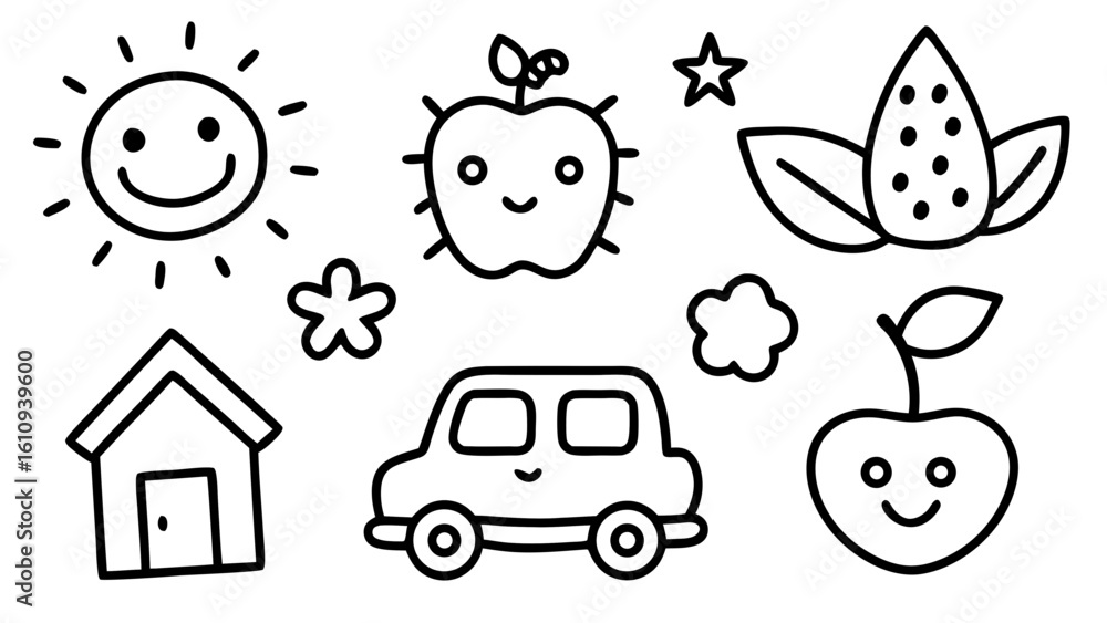 Fototapeta premium Happy Childlike Doodle Set: Sun, House, Car, Apple, Strawberry, Cherry, Flowers; Black and White Line Art; Playful, Whimsical Mood.