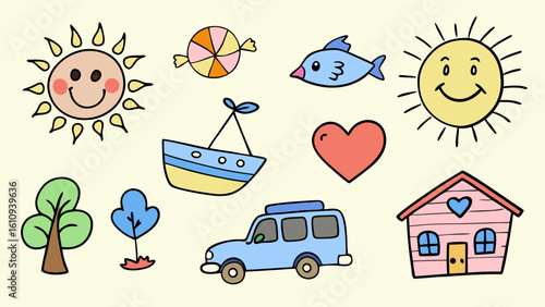 Happy childlike hand-drawn illustrations: sun, boat, car, house, candy, fish, trees, heart; cheerful, playful, pastel color palette.