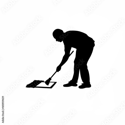 Silhouette of archaeologist brushing buried artifact on white background