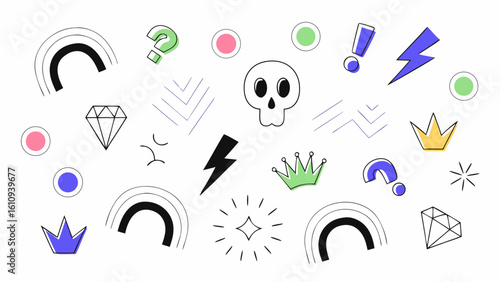 Playful 90s Retro Style Graphic Design Elements: Crowns, Skulls, Diamonds, Rainbows, and Question Marks.