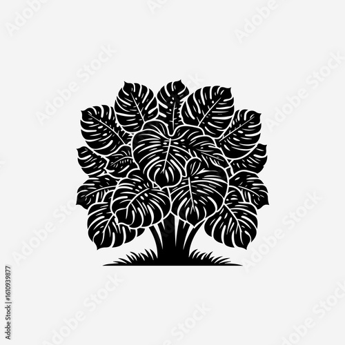 Stylized Monstera Plant Silhouette with Distinctive Leaf Fenestrations and Short Grass.