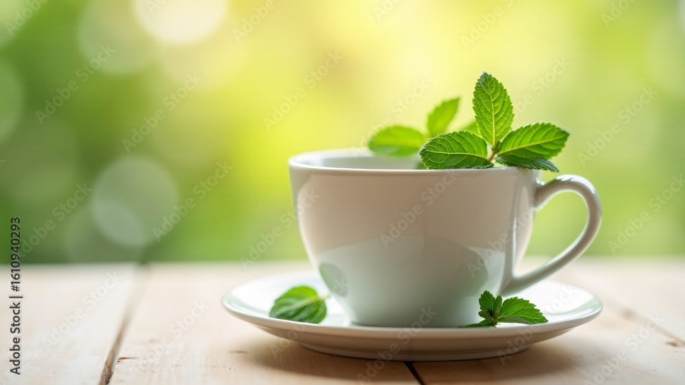 Refreshing Mint Leaves in White Teacup Refreshing Mint Leaves in White Teacup