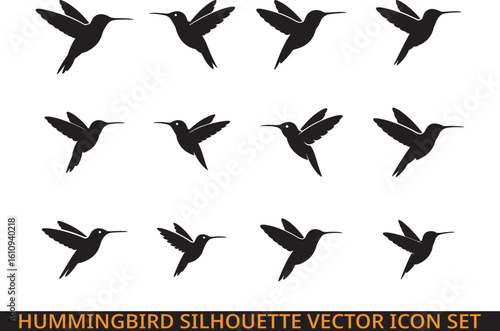 Hummingbird Flying Silhouette Vector Icon Set, Elegant Bird in Flight Minimal Black Design., Hummingbird symbol illustration set.