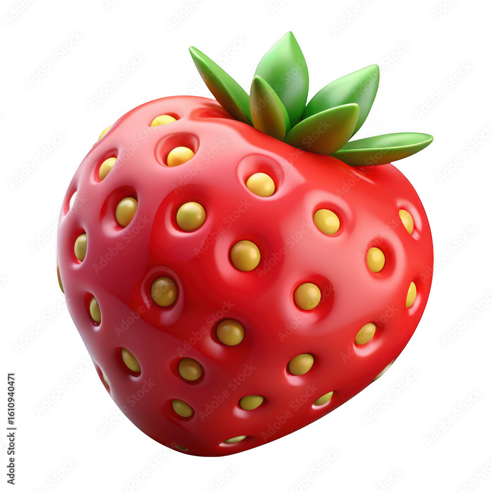 Obraz premium A 3D shiny red strawberry with green leaves and yellow seeds isolated on transparent background