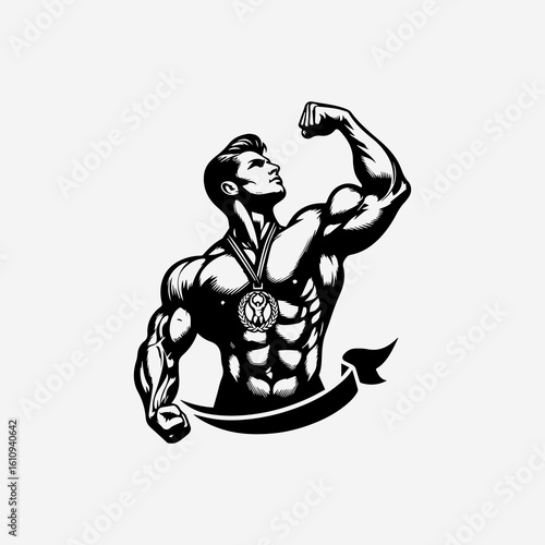 Triumphant Bodybuilder with Medal and Banner.