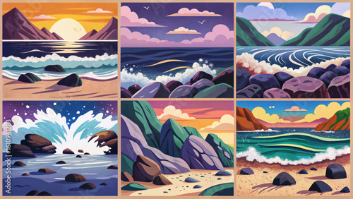 set of rocky beach with sea waves and stones vector illustration banner