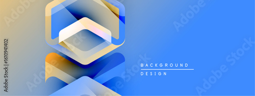 Abstract geometric shapes, layered design. Gradient colors blend, creating modern visual effect. Blue dominates right side.