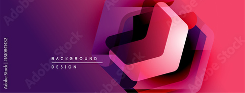 Abstract geometric design. Vibrant purple, pink hues blend. Overlapping layers create depth, modern aesthetic. Minimal text present.