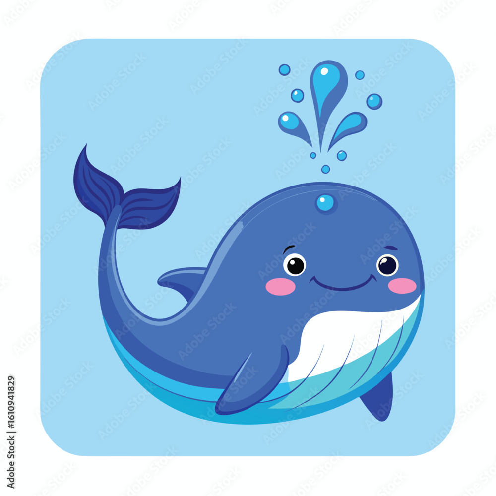 Naklejka premium A cute cartoon dolphin swims in the blue ocean with other aquatic life