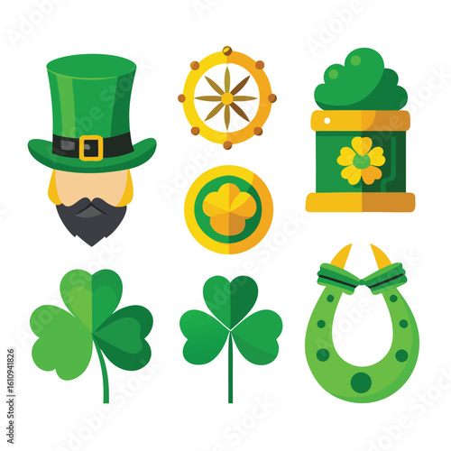 Irish celebration icons set with St Patrick's Day symbols like green hats, shamrocks, leprechaun, pot of gold, and beer