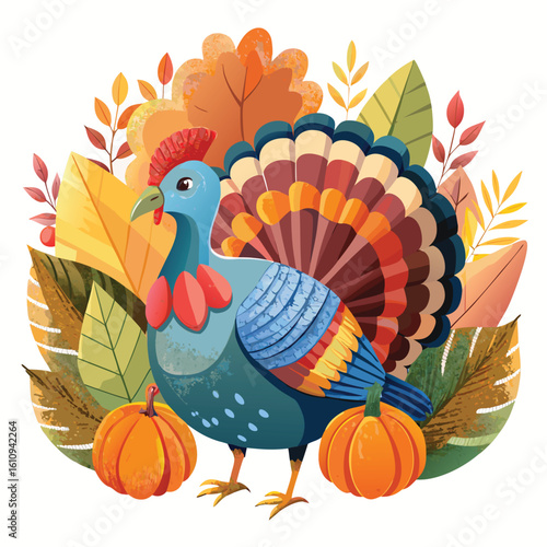 Cute Thanksgiving turkey vector cartoon illustration of a funny farm bird with autumn feathers