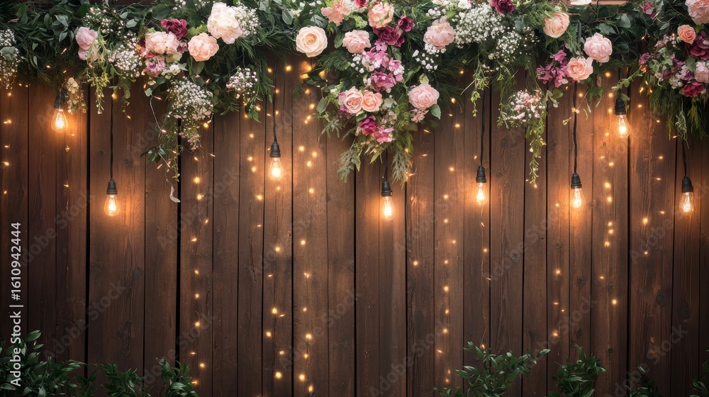 Fototapeta premium Rustic wooden backdrop with floral arrangement and fairy lights.