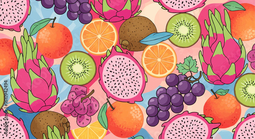 A vibrant and colorful pattern featuring a variety of fruits, including dragon fruit, kiwi, grapes, and oranges.