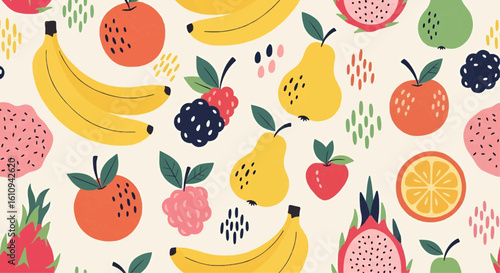 Vibrant fruit pattern featuring bananas, apples, pears, berries, and dragon fruit, playfully arranged on a cream background.