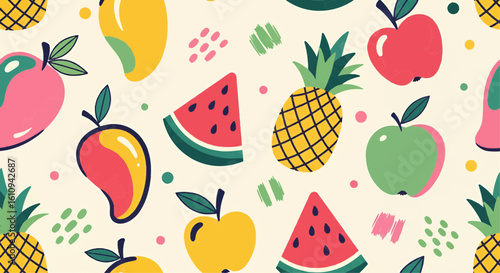 Vibrant summer fruit pattern featuring mangoes, apples, watermelon, and pineapple.