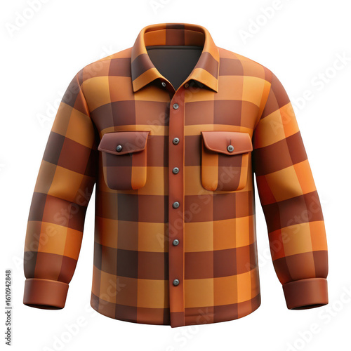 Cozy plaid flannel 3D shirt with double pockets isolated on transparent background