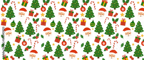 seamless christmas pattern with santa claus, gifts, trees, and candy canes on transparent background